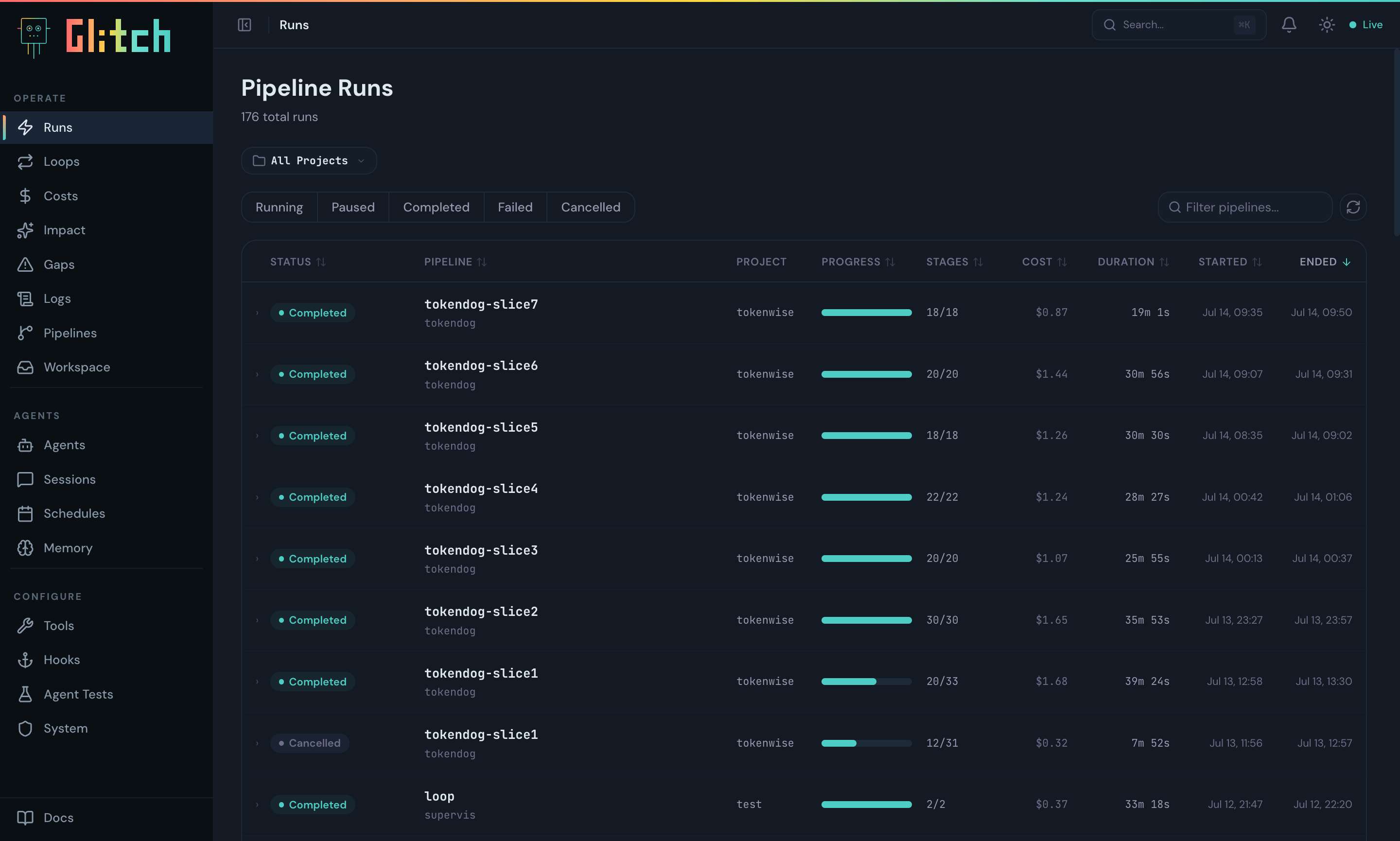 The Glitch cockpit — a live table of pipeline runs with status, progress, cost, and duration